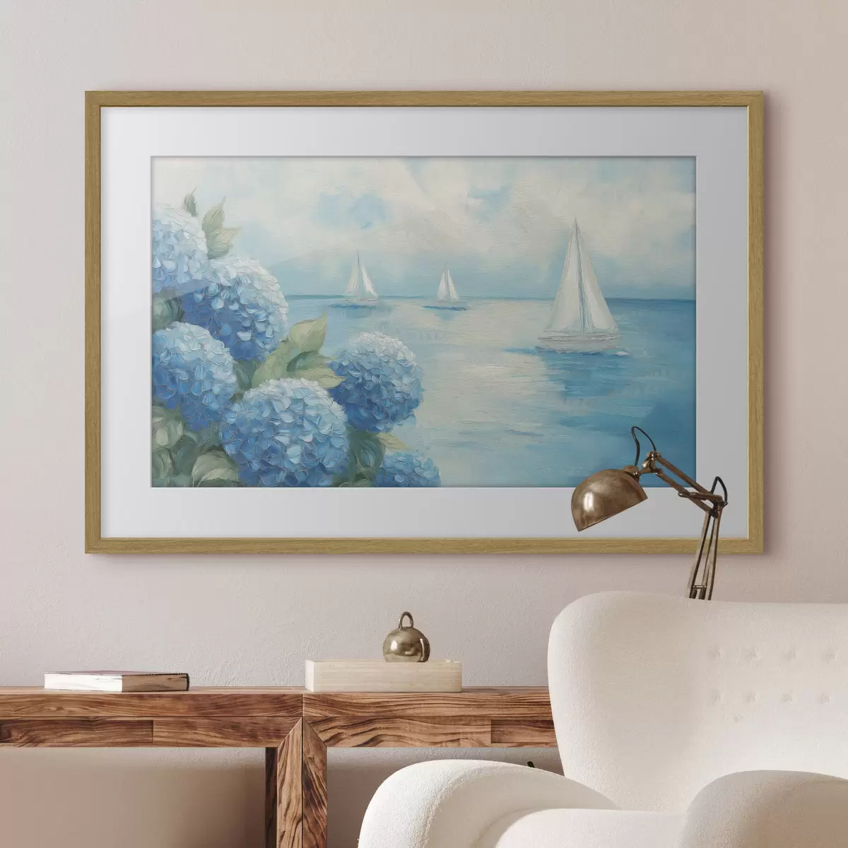 Poster Meereslandschaft mit Hortensien f49276
