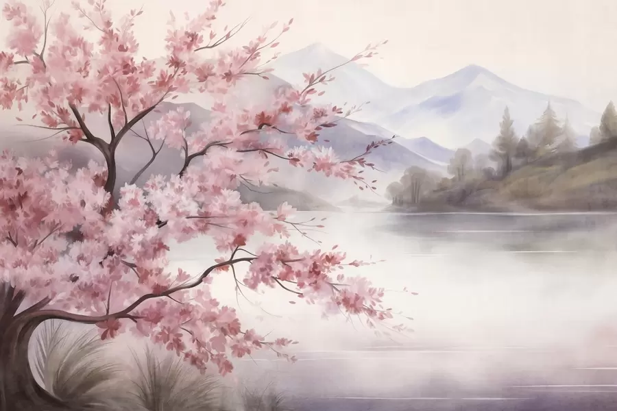 Fototapete Landschaftsbild: ein Baum mit rosa Blüten, ein See und nebelverhangene Berge im Hintergrund w09870