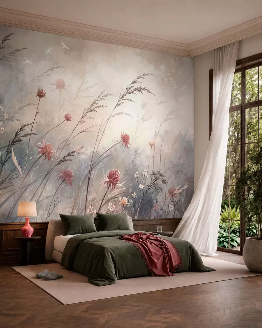Fototapete Zarte Wildblumen in einer nebligen Pastelllandschaft w05538