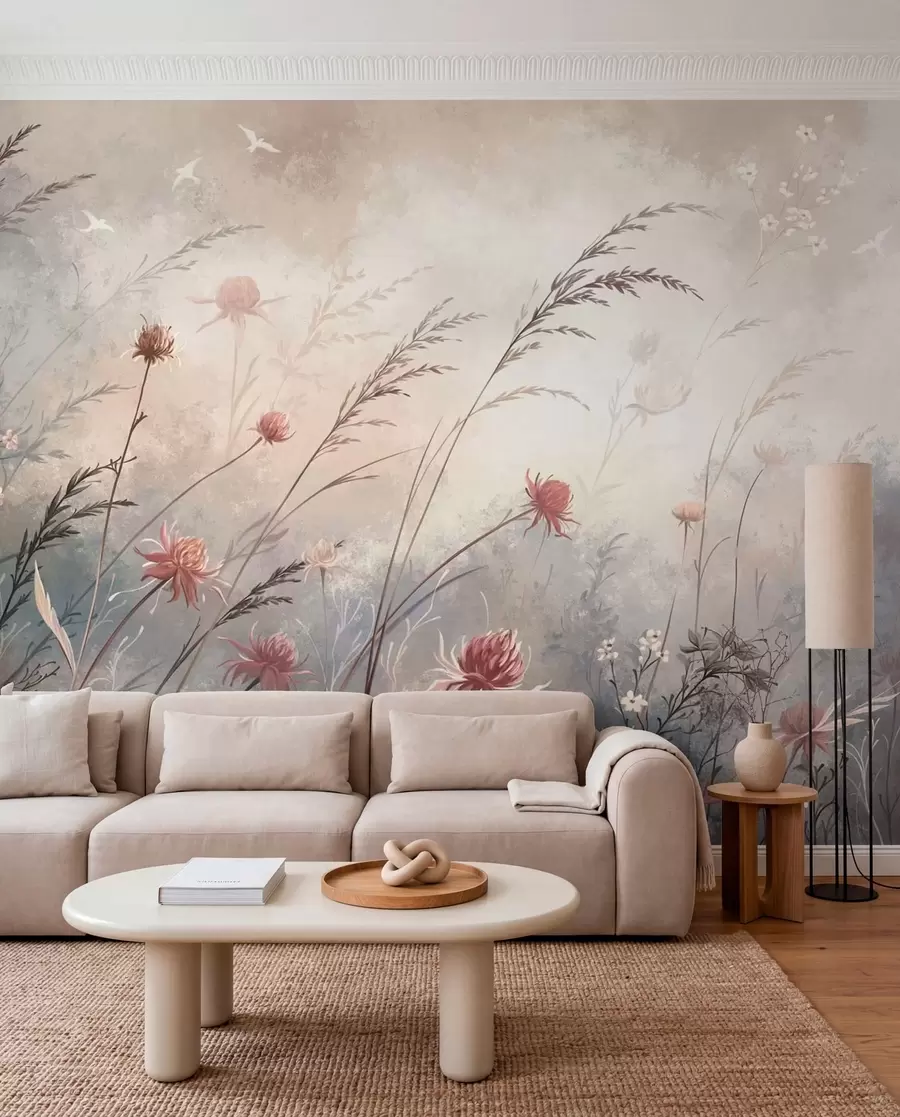 Fototapete Zarte Wildblumen in einer nebligen Pastelllandschaft w05538