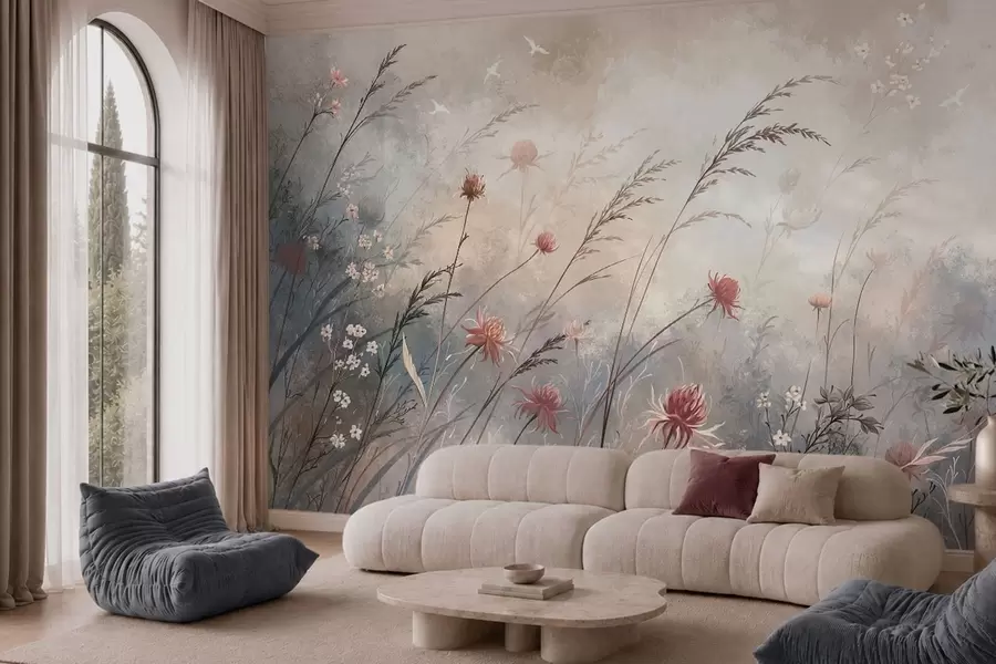 Fototapete Zarte Wildblumen in einer nebligen Pastelllandschaft w05538