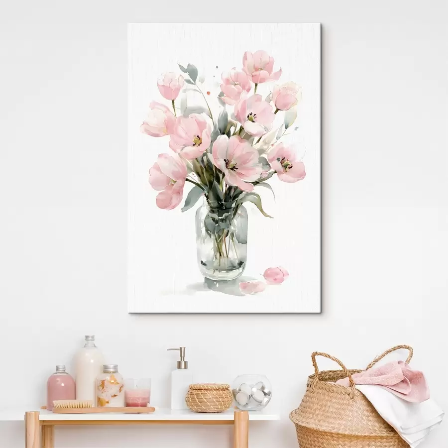 Fototapete Zarte rosa Tulpen in einer Vase, im Aquarellstil s49226