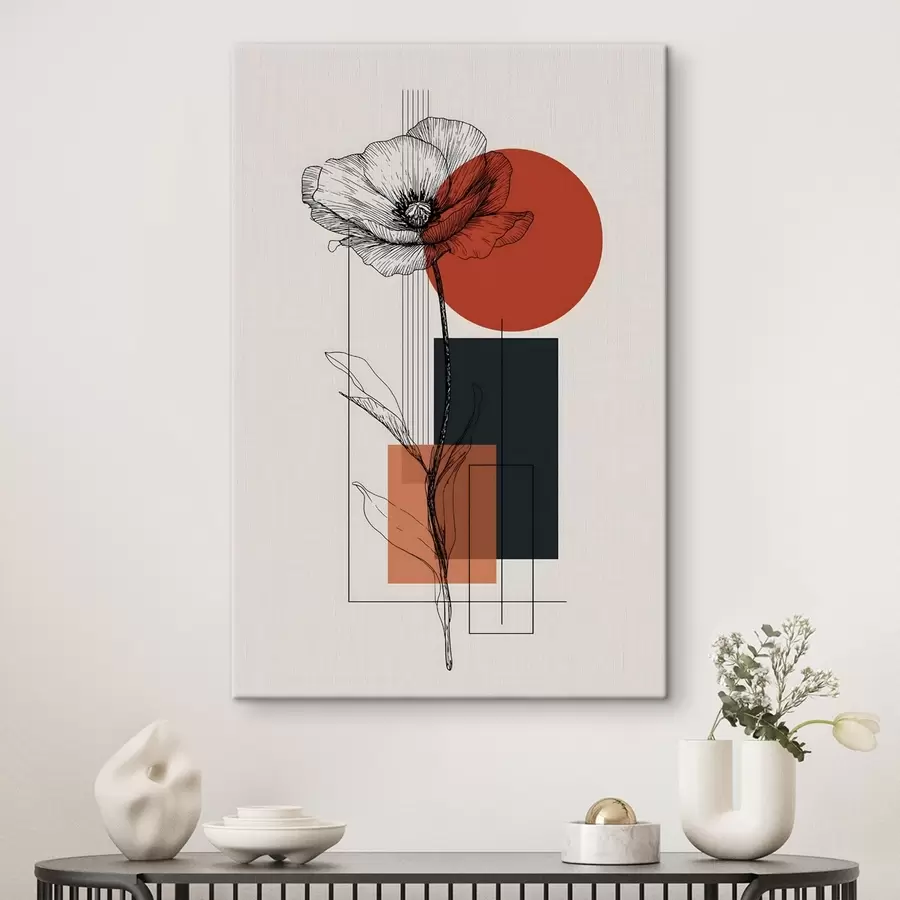 Fototapete Eine grafisch gestaltete Mohnblume vor einem geometrischen Hintergrund s49229