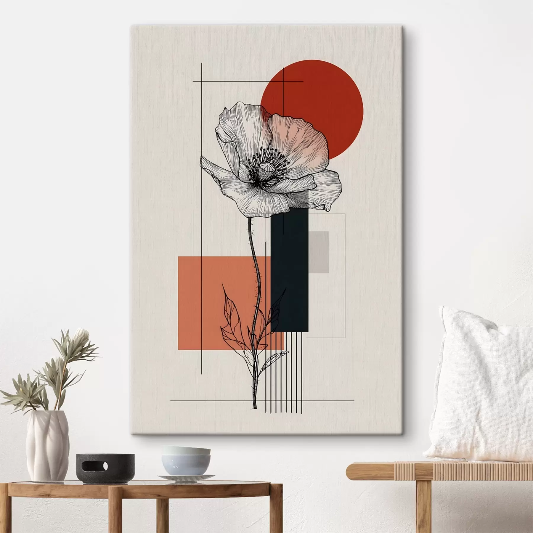 Fototapete Eine grafisch gestaltete Mohnblume vor einem geometrischen Hintergrund s49230