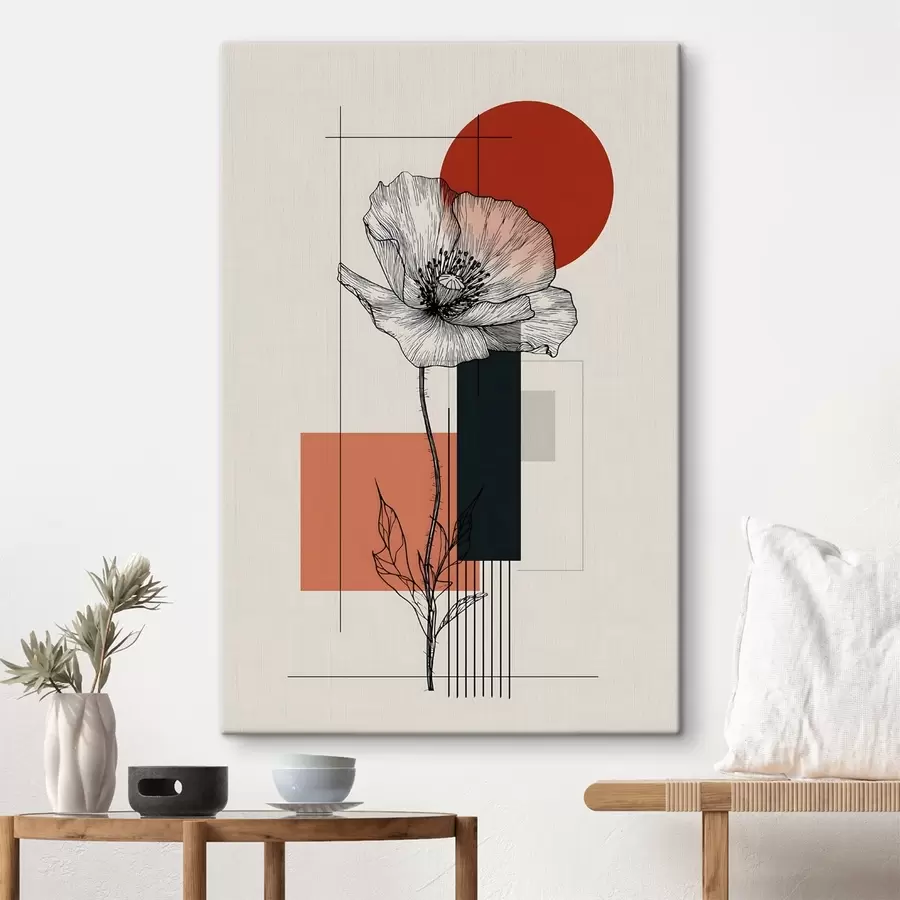 Fototapete Eine grafisch gestaltete Mohnblume vor einem geometrischen Hintergrund s49230
