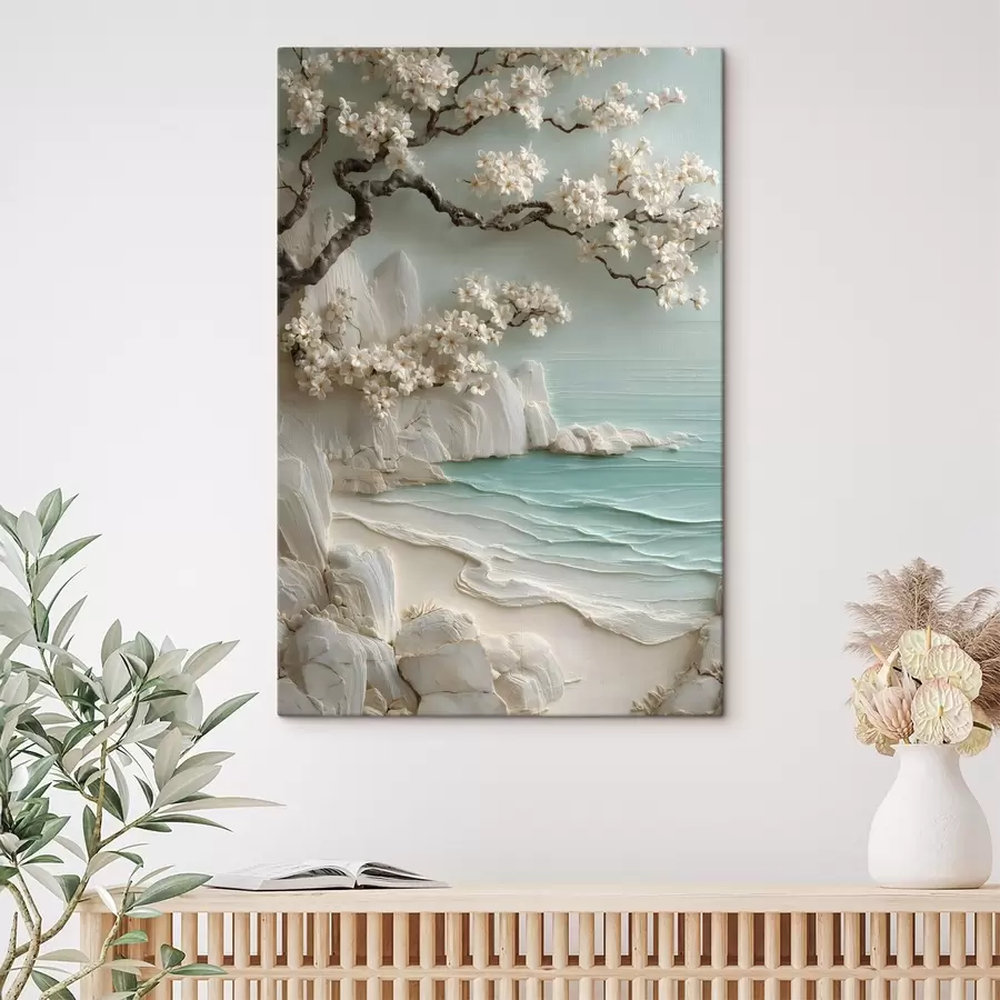 Fototapete Ein blühender Baum am Meer, im Flachreliefstil dargestellt s49248