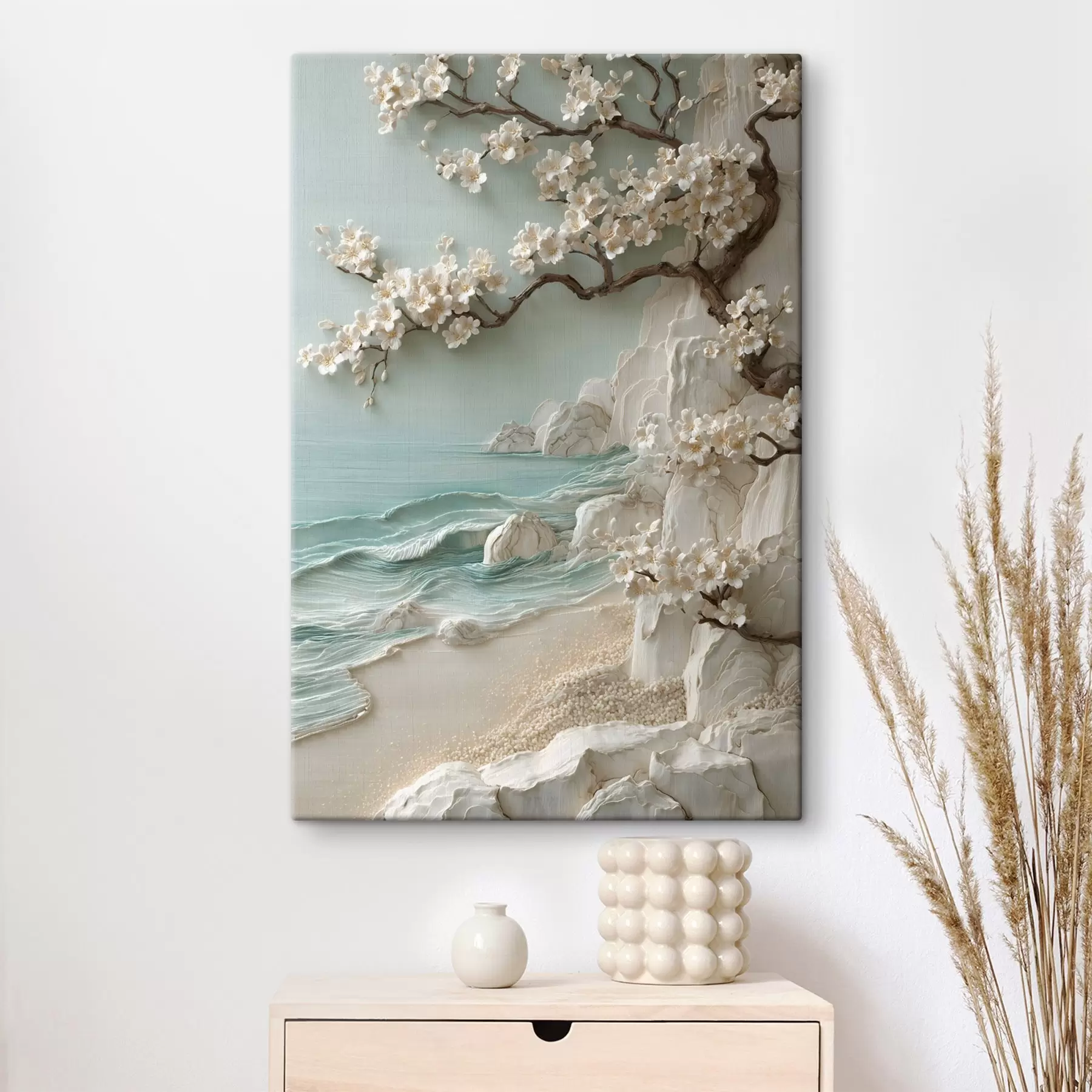 Fototapete Ein blühender Baum am Meer, im Flachreliefstil dargestellt s49249
