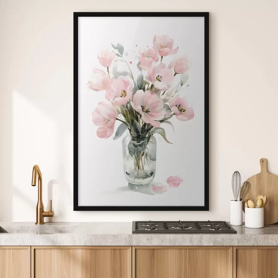 Fototapete Zarte rosa Tulpen in einer Vase, im Aquarellstil f49226