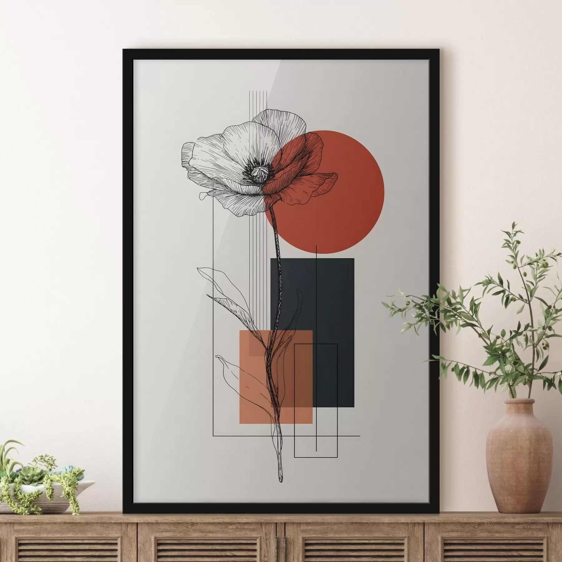 Fototapete Eine grafisch gestaltete Mohnblume vor einem geometrischen Hintergrund f49229