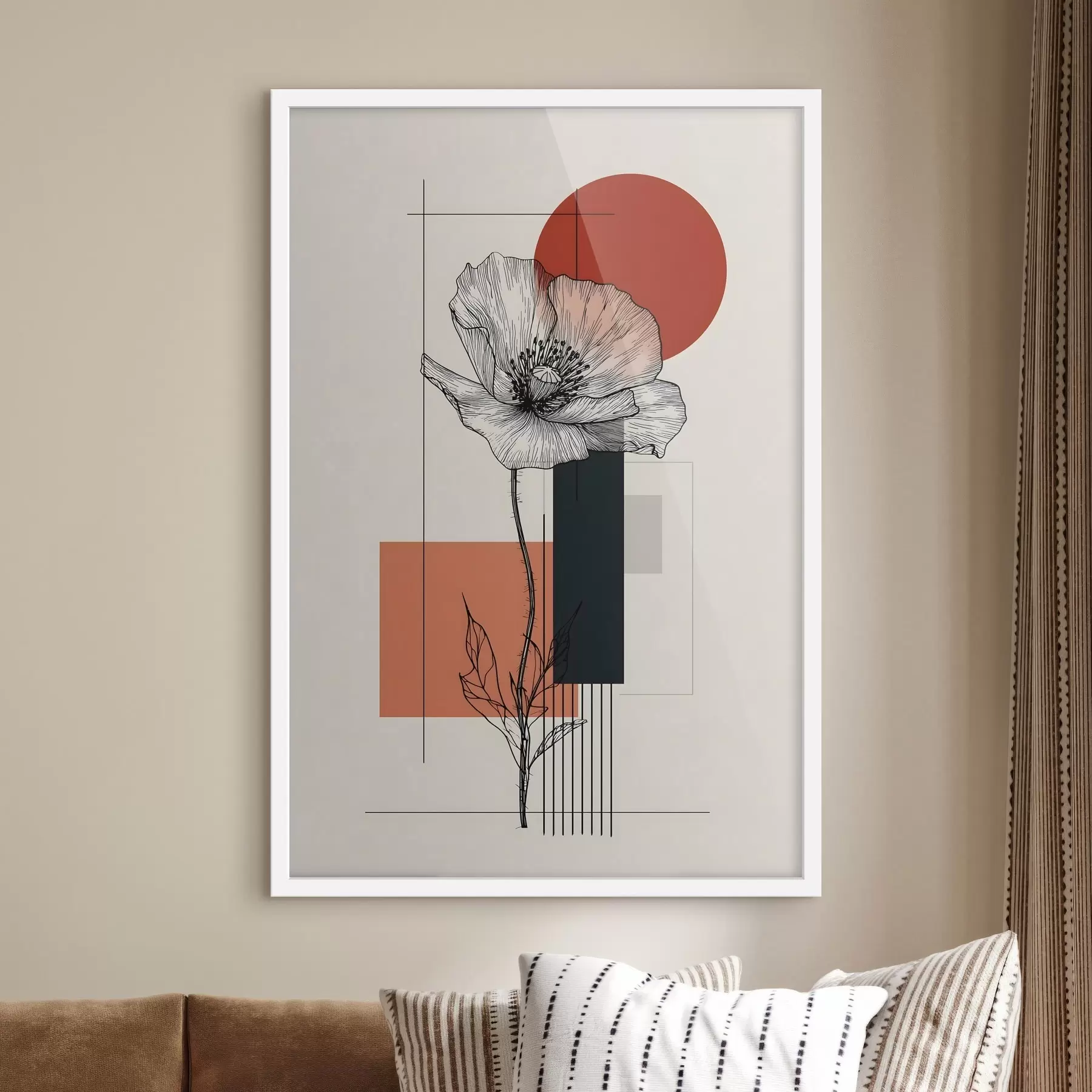 Fototapete Eine grafisch gestaltete Mohnblume vor einem geometrischen Hintergrund f49230