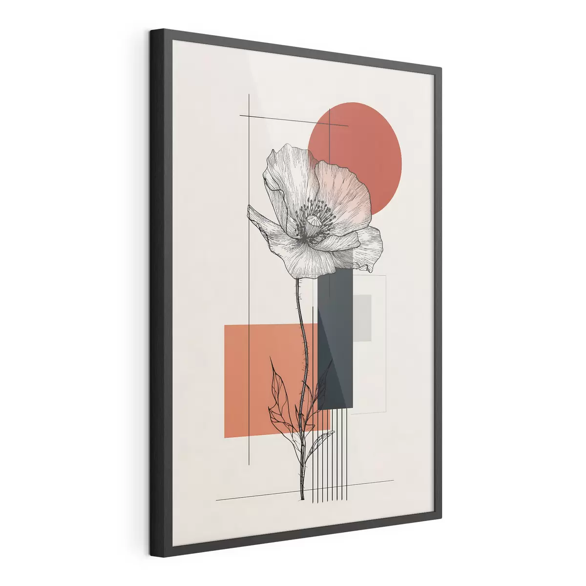 Poster Eine grafisch gestaltete Mohnblume vor einem geometrischen Hintergrund f49230