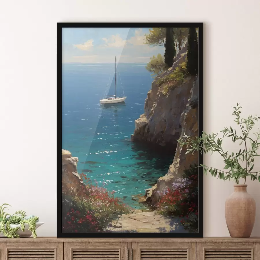 Fototapete Ein Seehafen mit einer Yacht im Stil eines Ölgemäldes f49240