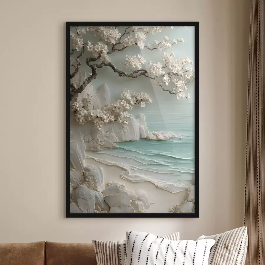 Fototapete Ein blühender Baum am Meer, im Flachreliefstil dargestellt f49248