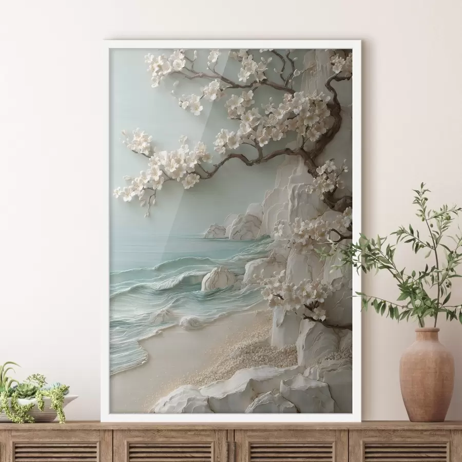 Fototapete Ein blühender Baum am Meer, im Flachreliefstil dargestellt f49249