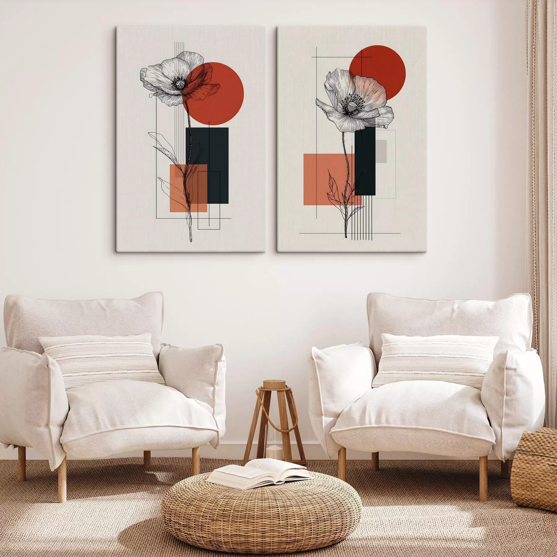 Fototapete Grafische Mohnblumen vor einem geometrischen Hintergrund m30533