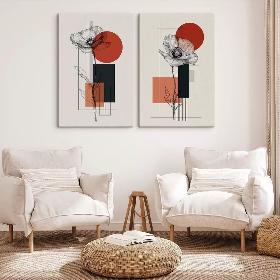 Fototapete Grafische Mohnblumen vor einem geometrischen Hintergrund m30533