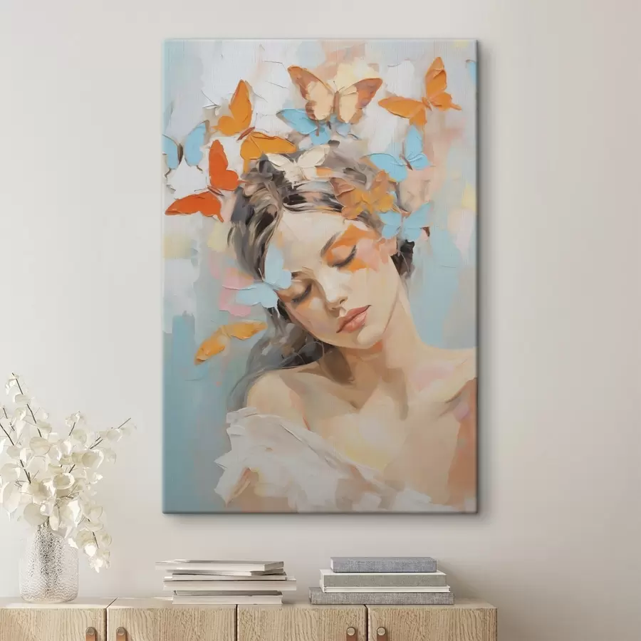 Fototapete Abstrakte Mädchen mit Schmetterlingen – Nachahmungsgemälde s49404