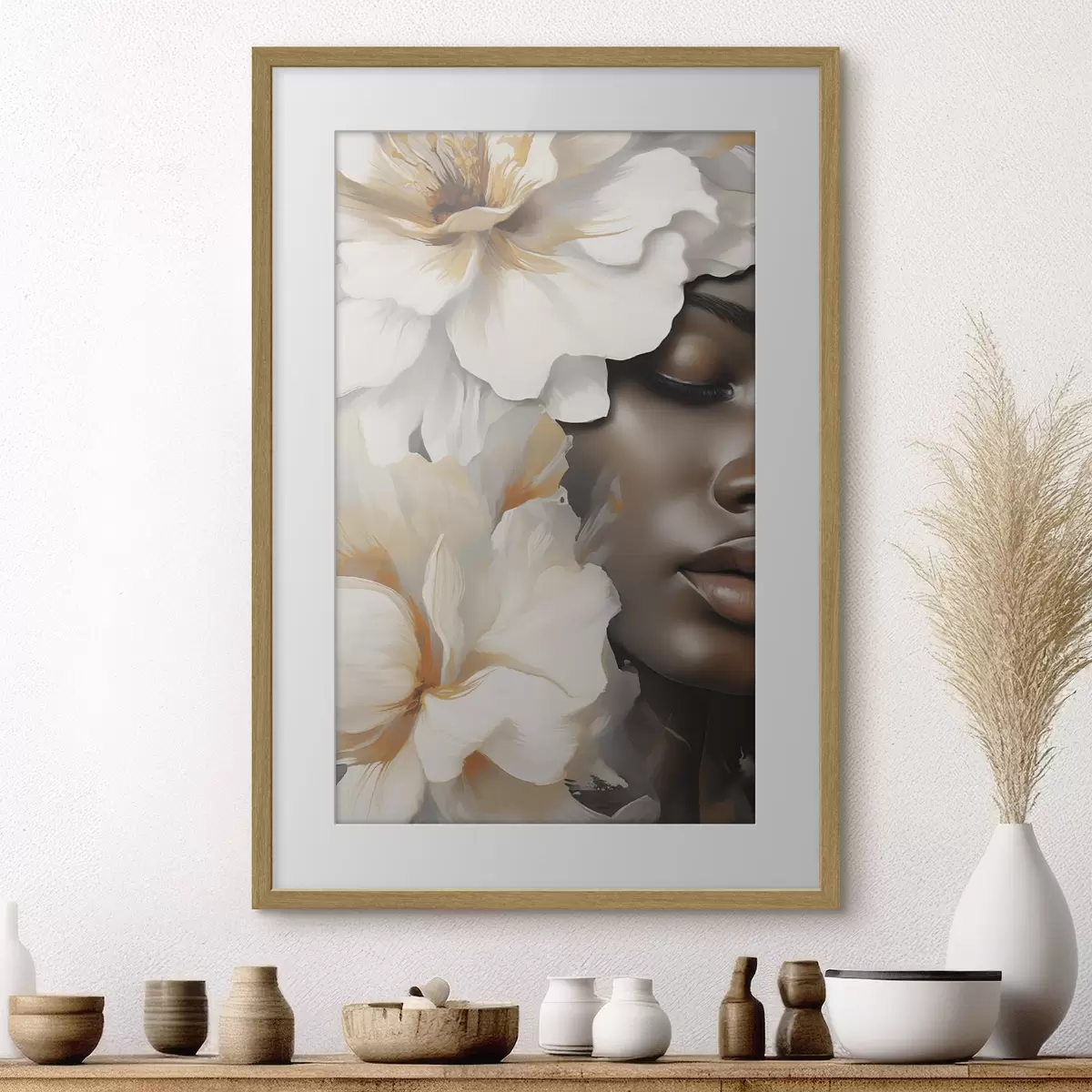 Poster Das Gesicht eines Mädchens in Blumen f49391