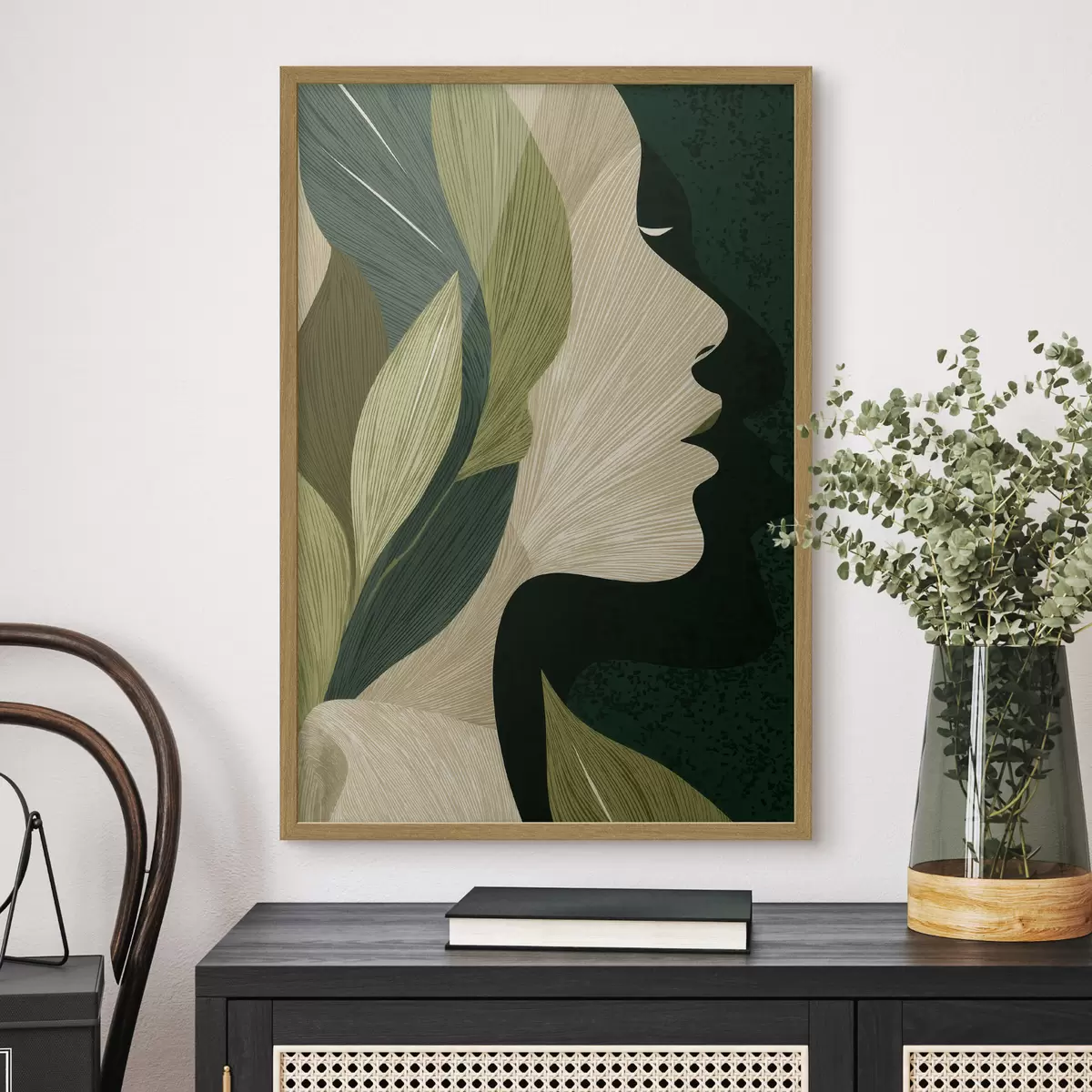 Poster Profil einer Frau mit Blättern f49431