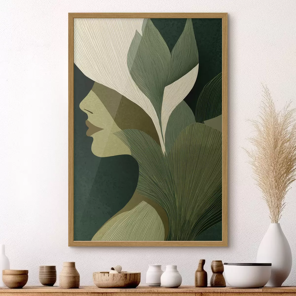 Poster Profil einer Frau mit Blättern f49432