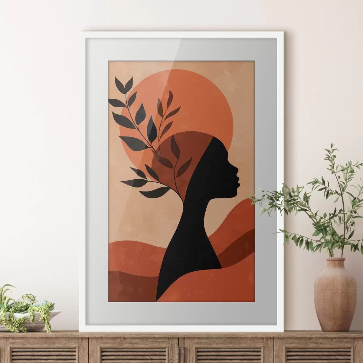 Poster Silhouette einer Frau mit Blättern f49440