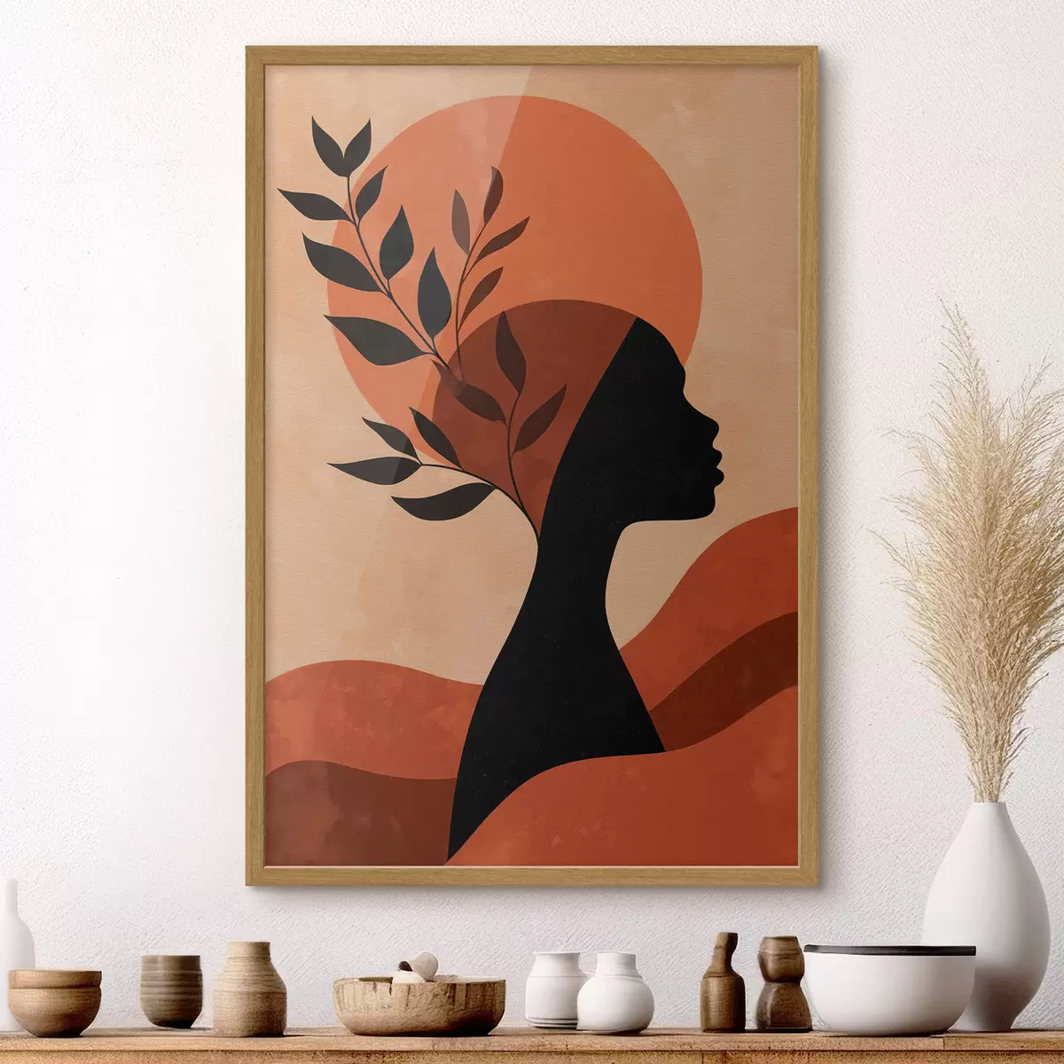 Poster Silhouette einer Frau mit Blättern f49440