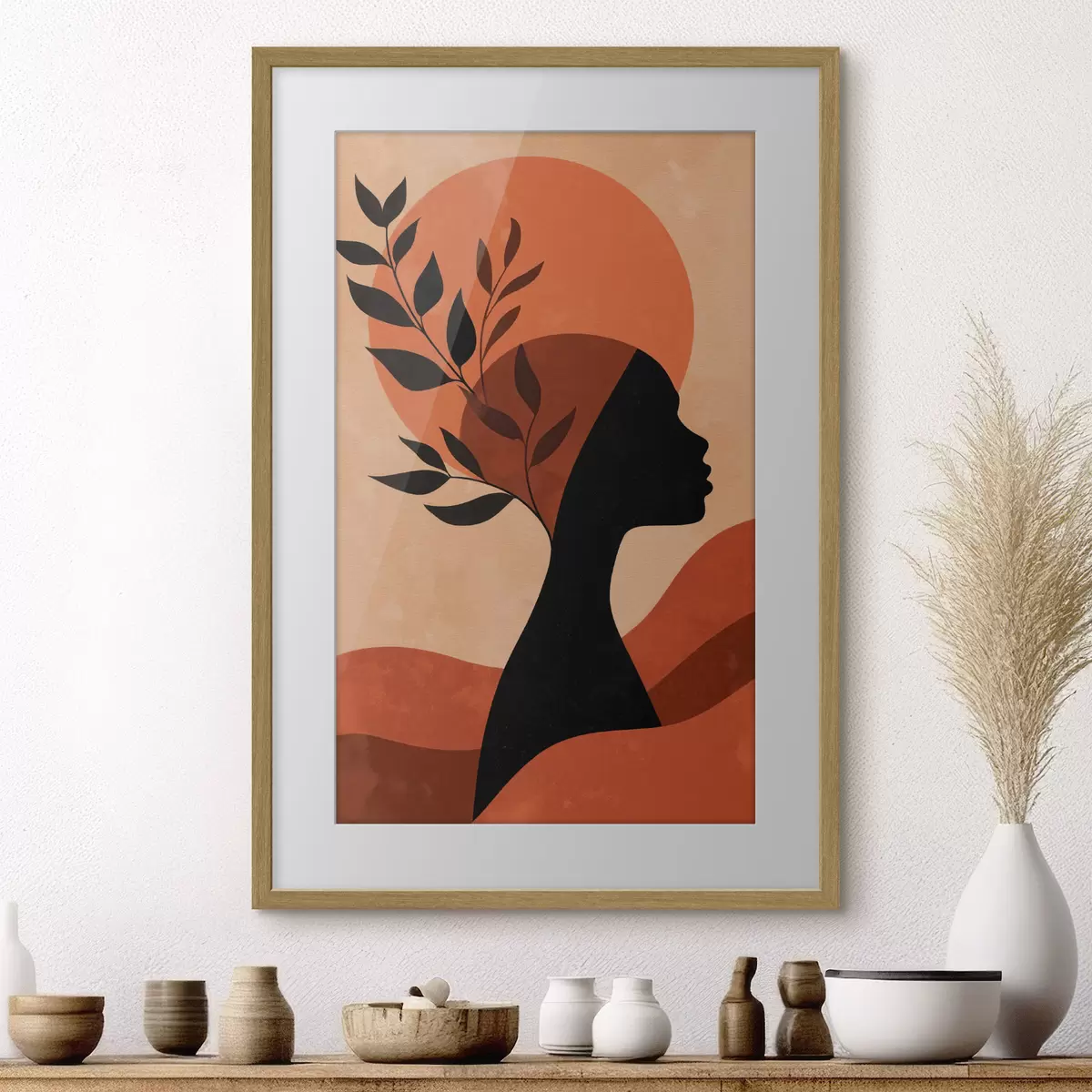 Poster Silhouette einer Frau mit Blättern f49440