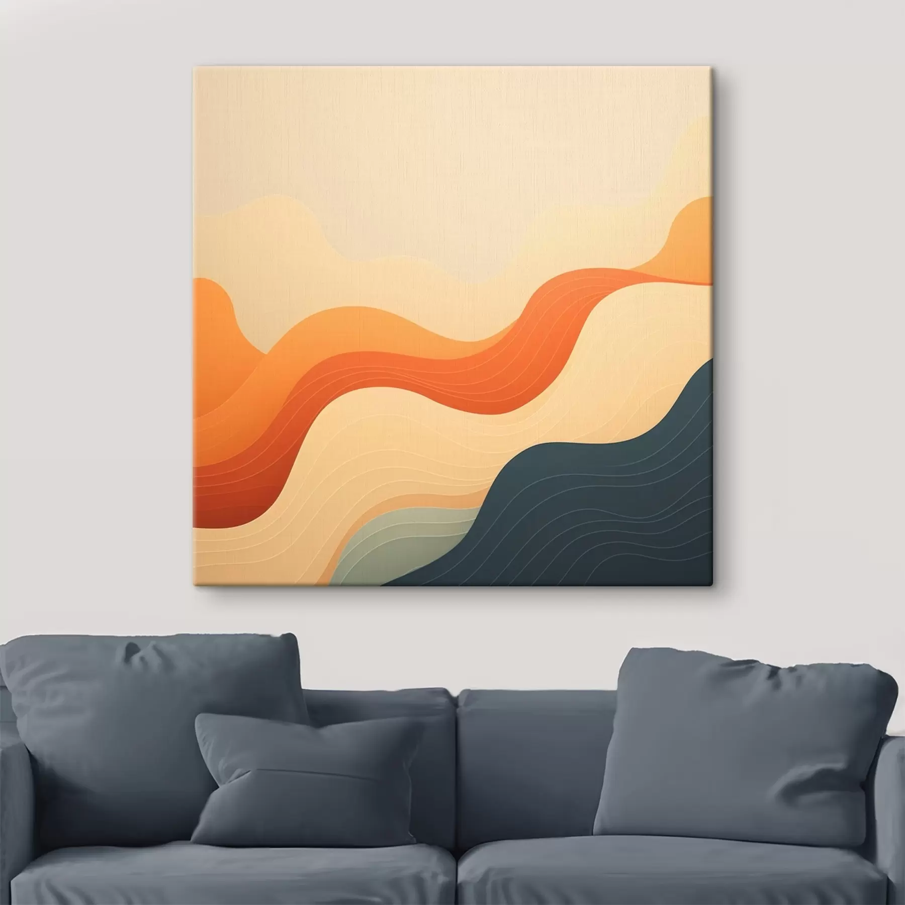Fototapete Eine wellige Landschaft in einer warmen Beige-Orange- und Blautönung im abstrakten Stil s48879