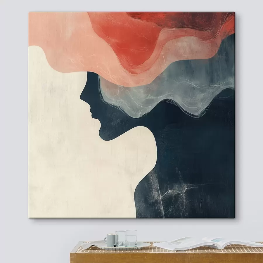 Fototapete Abstrakte weibliche Silhouette mit korallenroten und blauen Wellen im minimalistischen Stil s48882