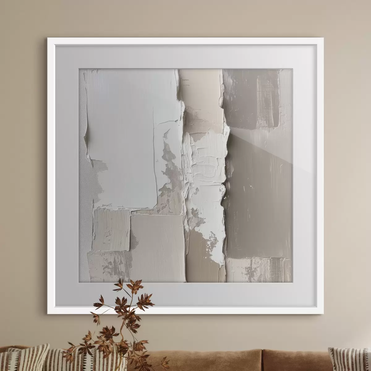 Poster Zeitgenössisches Gemälde in Beige- und Weißtönen mit ausgeprägtem Relief f48878