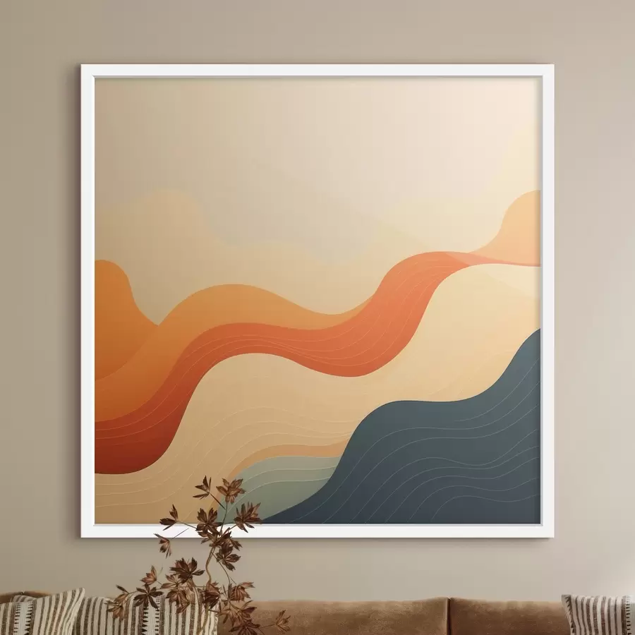 Fototapete Eine wellige Landschaft in einer warmen Beige-Orange- und Blautönung im abstrakten Stil f48879
