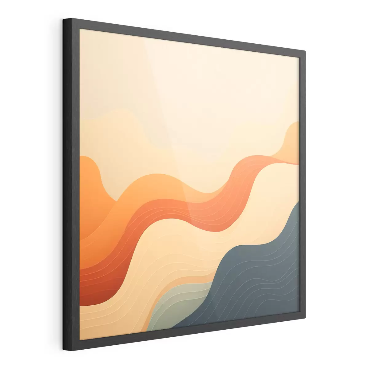 Poster Eine wellige Landschaft in einer warmen Beige-Orange- und Blautönung im abstrakten Stil f48879