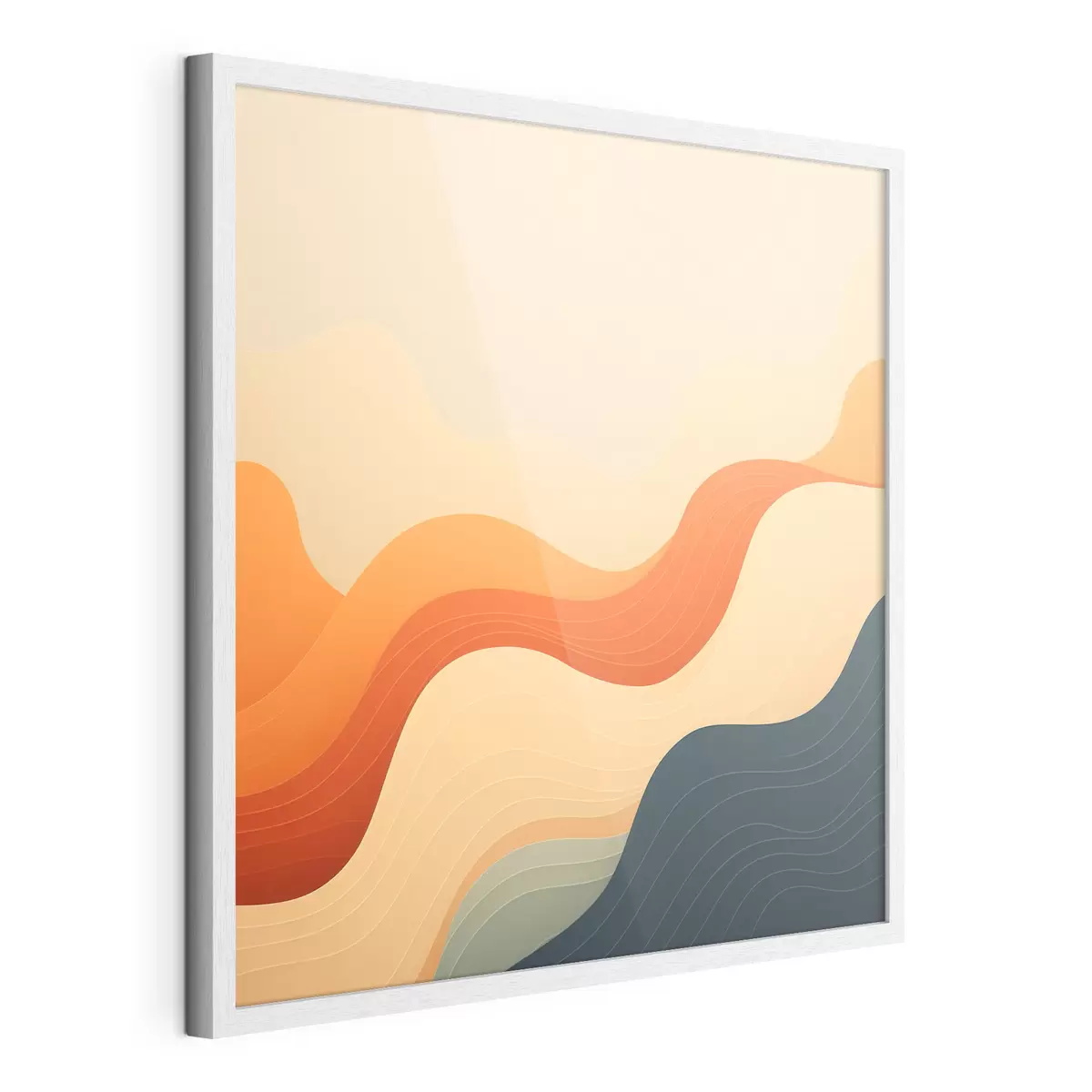 Poster Eine wellige Landschaft in einer warmen Beige-Orange- und Blautönung im abstrakten Stil f48879