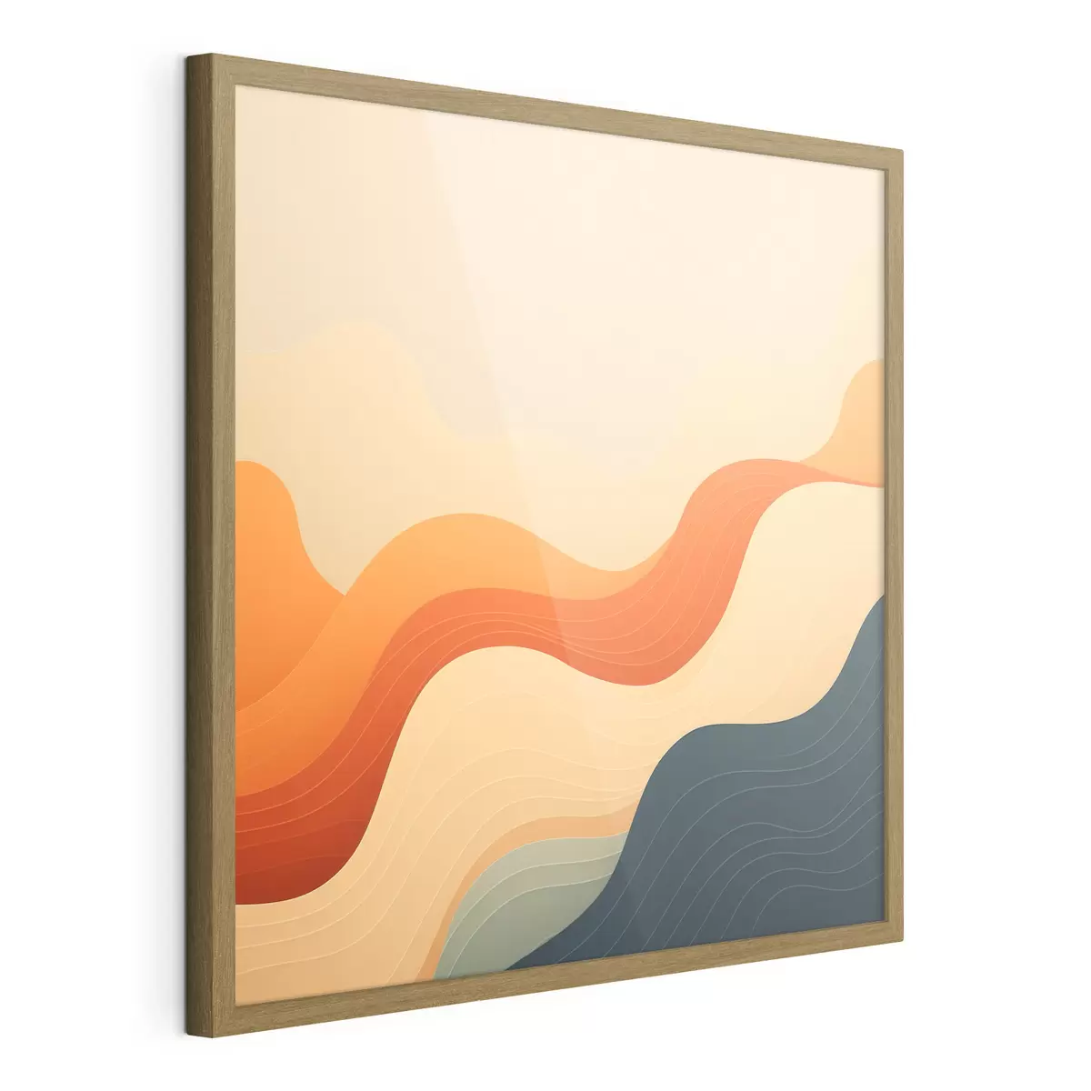 Poster Eine wellige Landschaft in einer warmen Beige-Orange- und Blautönung im abstrakten Stil f48879