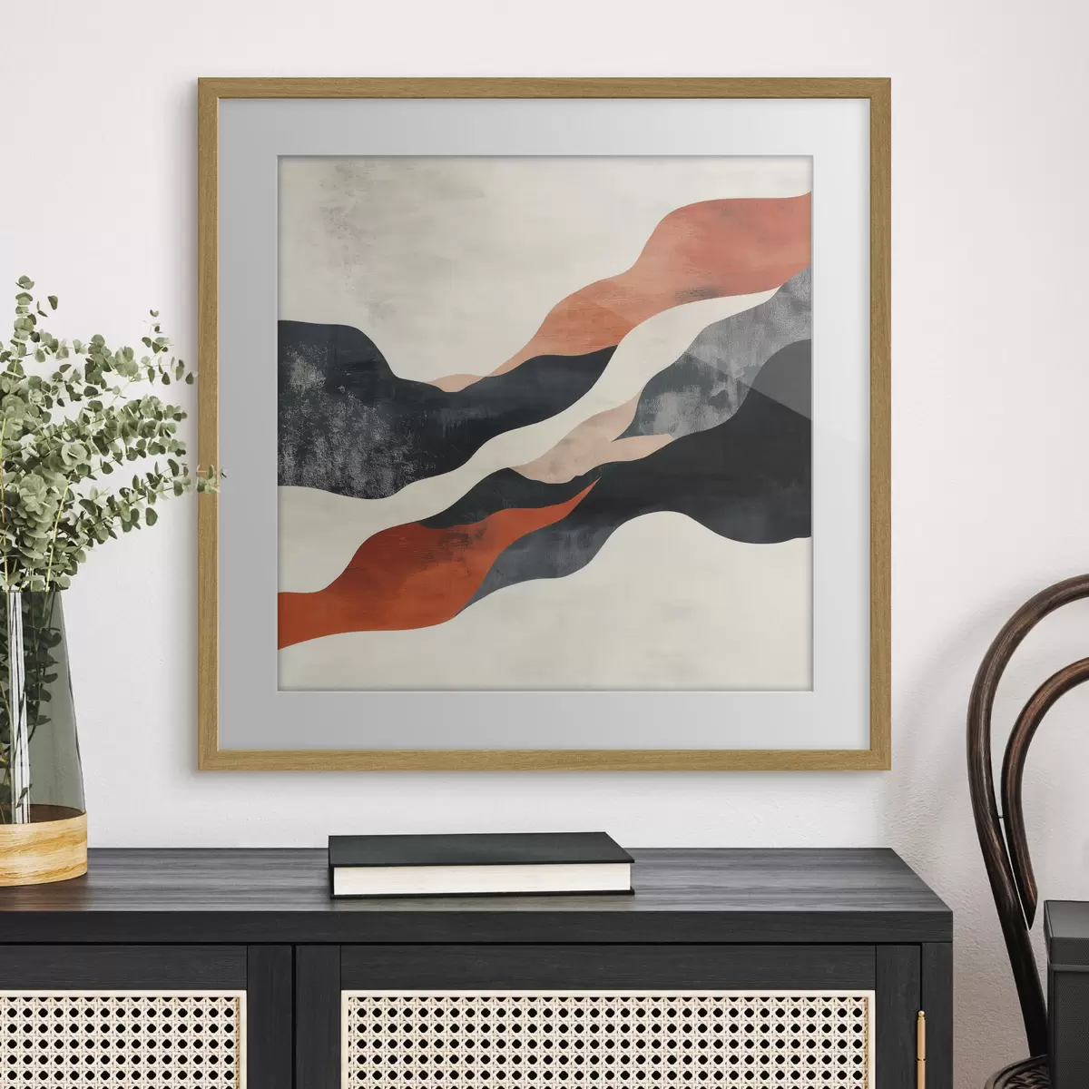 Poster Abstrakte, wellenförmige Landschaft in einer kontrastreichen Farbpalette aus Terrakotta und Dunkelblau f48881