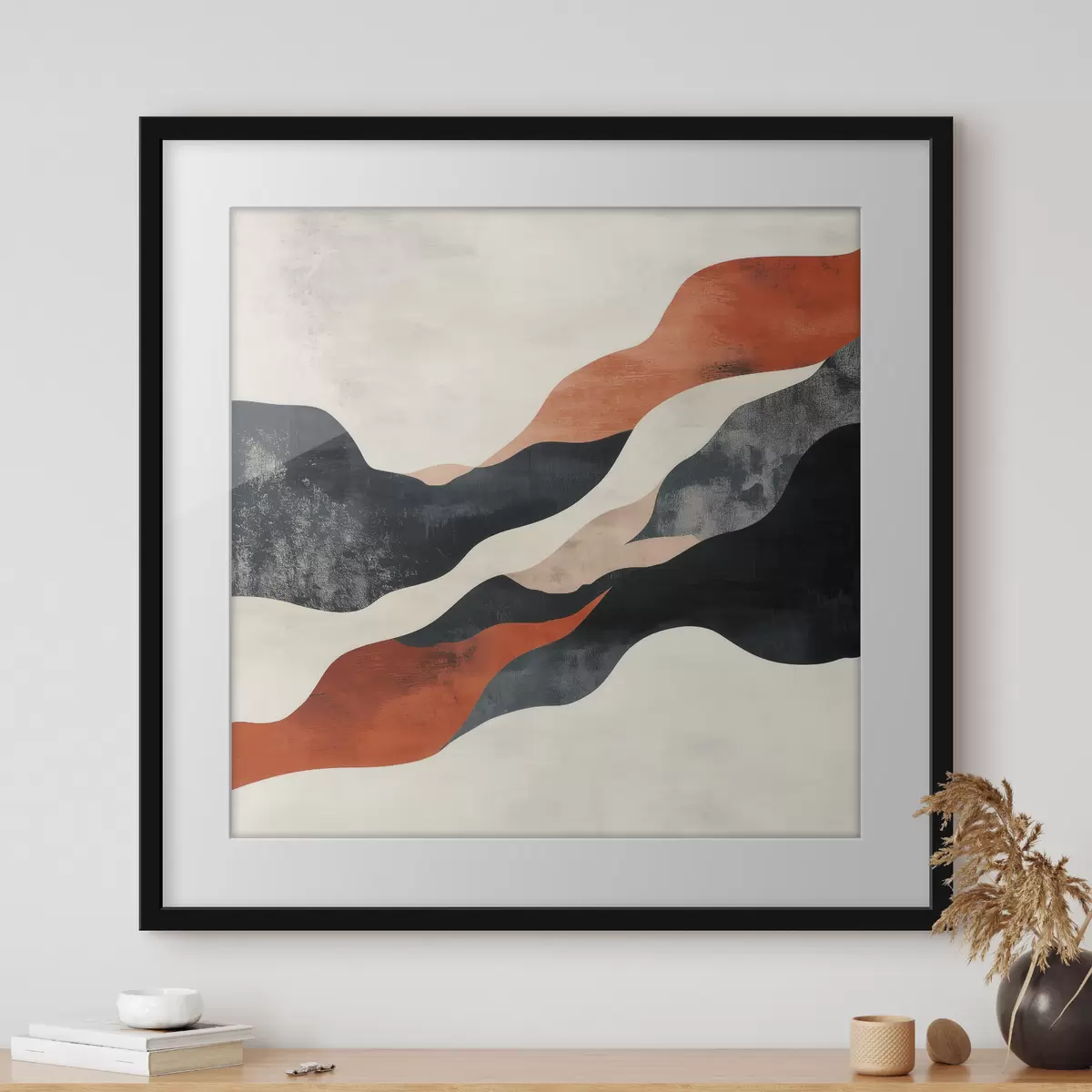 Poster Abstrakte, wellenförmige Landschaft in einer kontrastreichen Farbpalette aus Terrakotta und Dunkelblau f48881