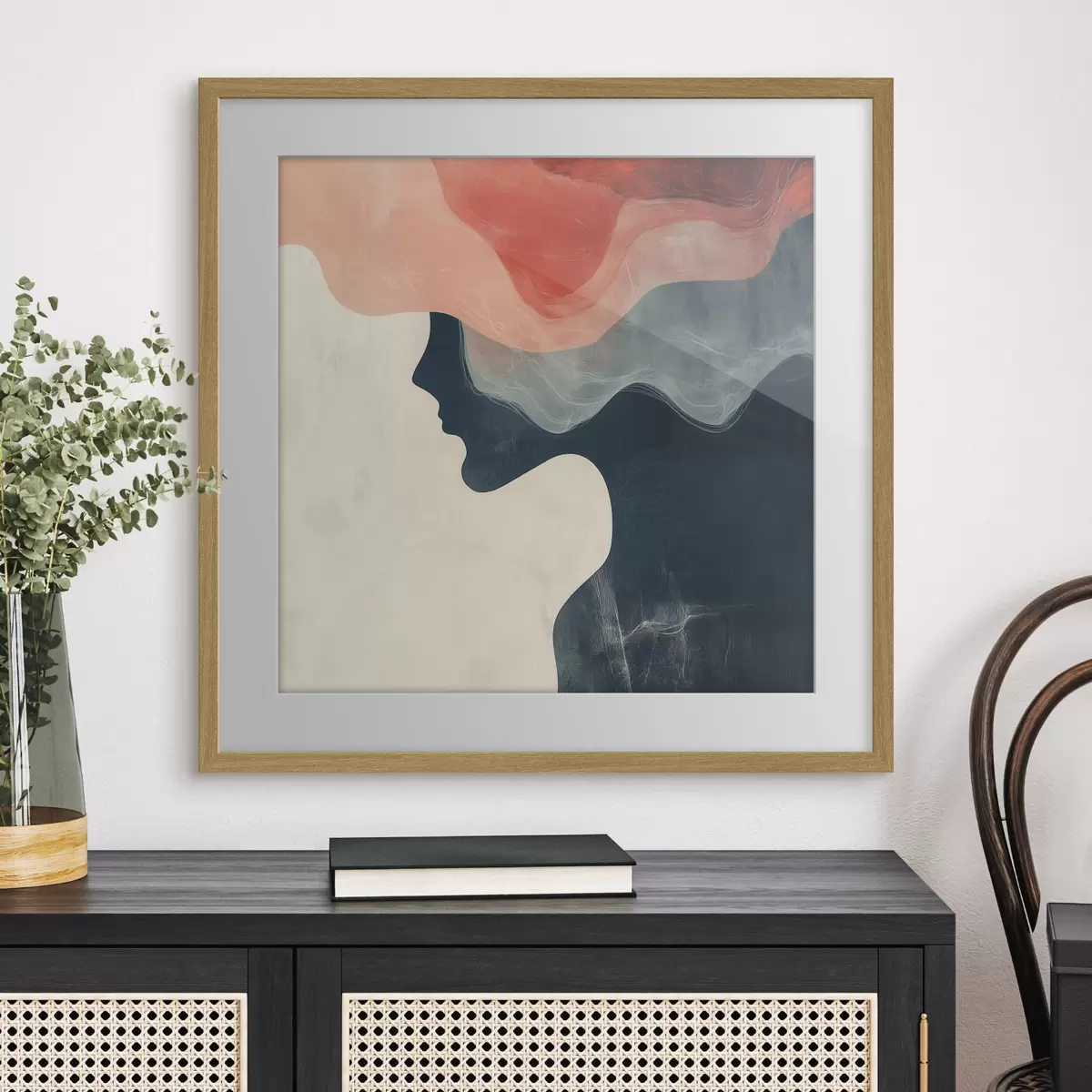 Poster Abstrakte weibliche Silhouette mit korallenroten und blauen Wellen im minimalistischen Stil f48882