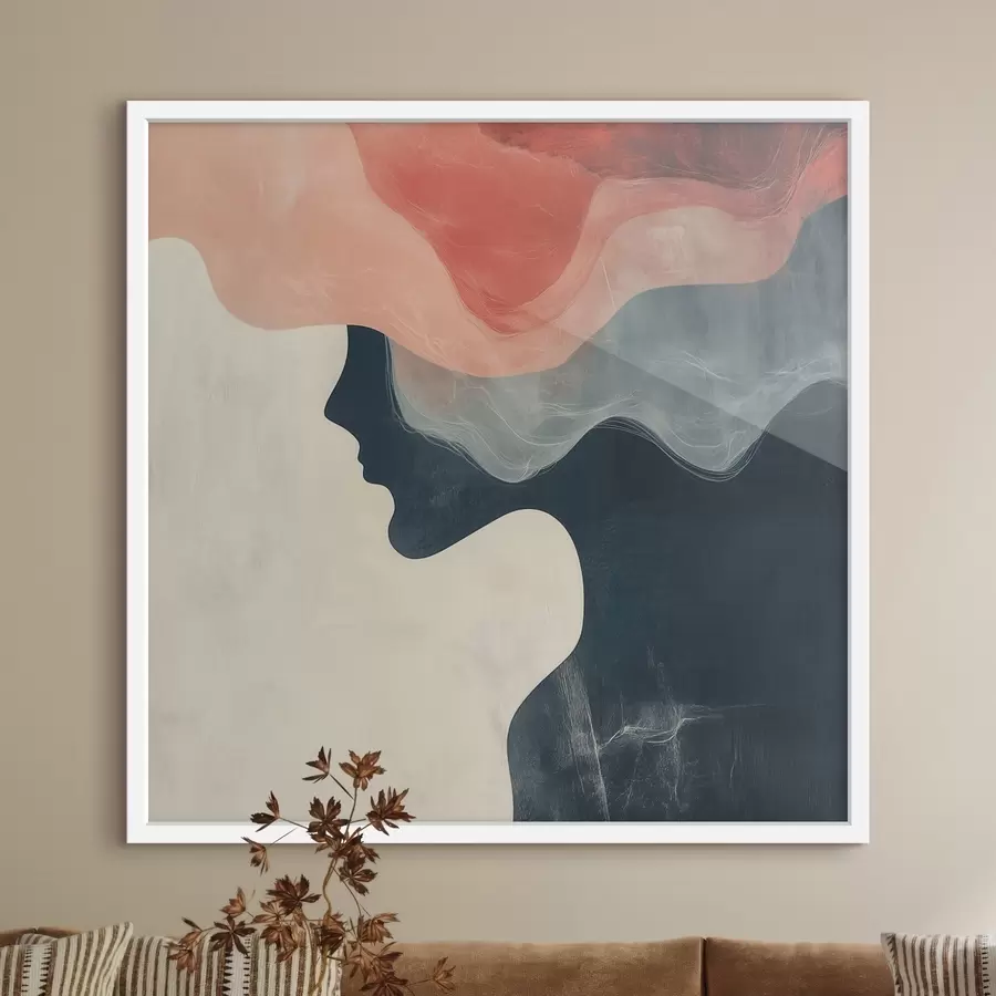 Fototapete Abstrakte weibliche Silhouette mit korallenroten und blauen Wellen im minimalistischen Stil f48882