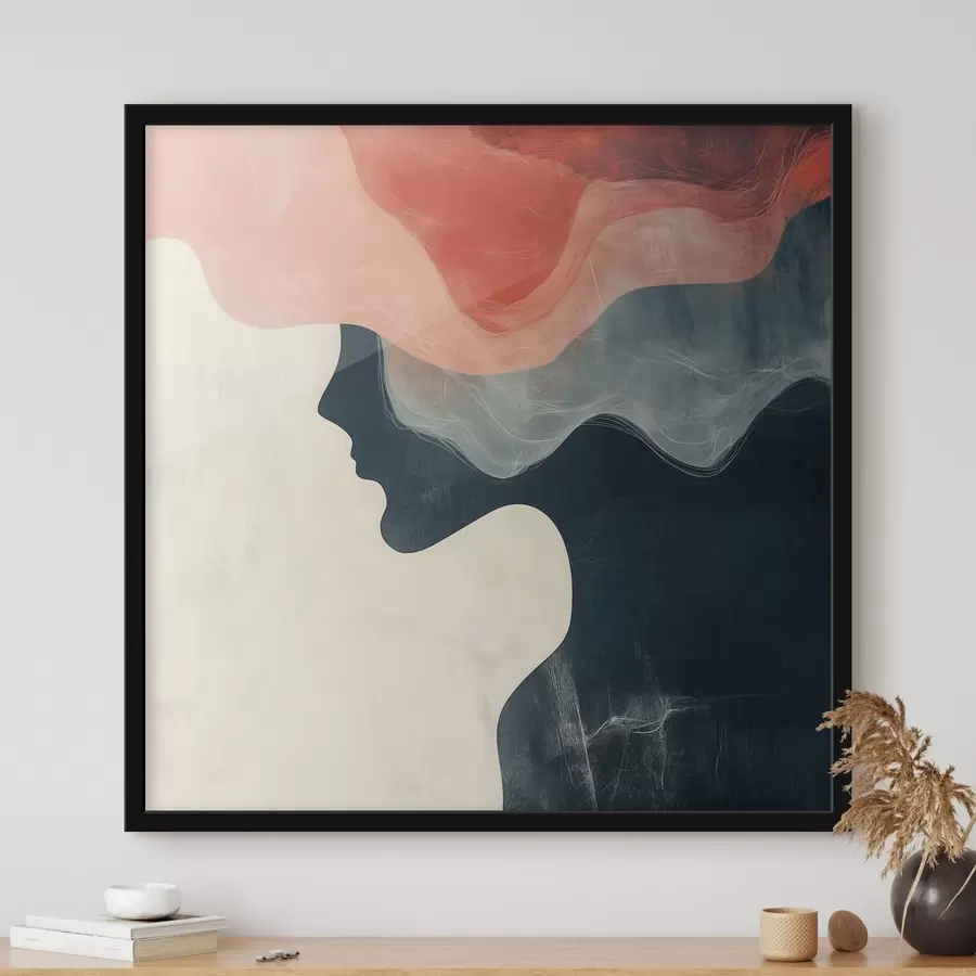 Fototapete Abstrakte weibliche Silhouette mit korallenroten und blauen Wellen im minimalistischen Stil f48882