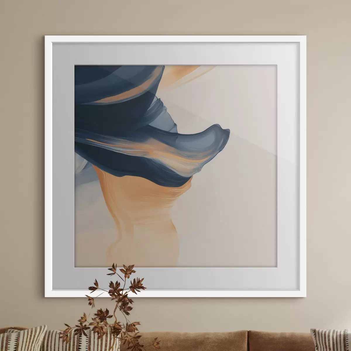 Poster Komposition mit tiefblauen und warmen Pfirsichfarben in einem zeitgenössischen Malstil f48883