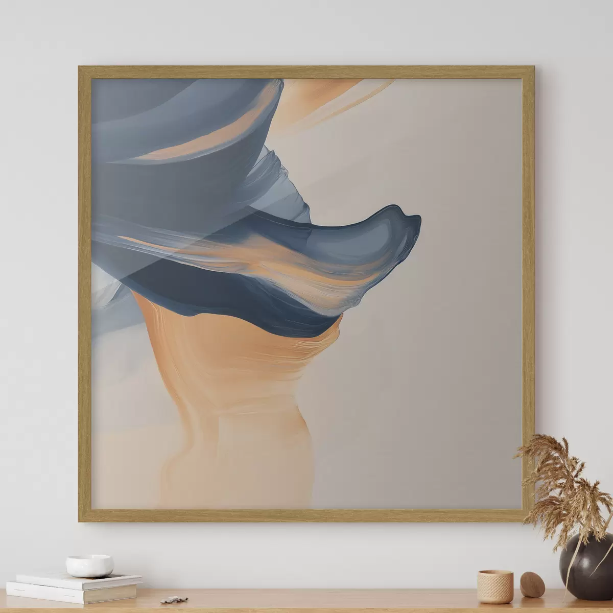 Poster Komposition mit tiefblauen und warmen Pfirsichfarben in einem zeitgenössischen Malstil f48883