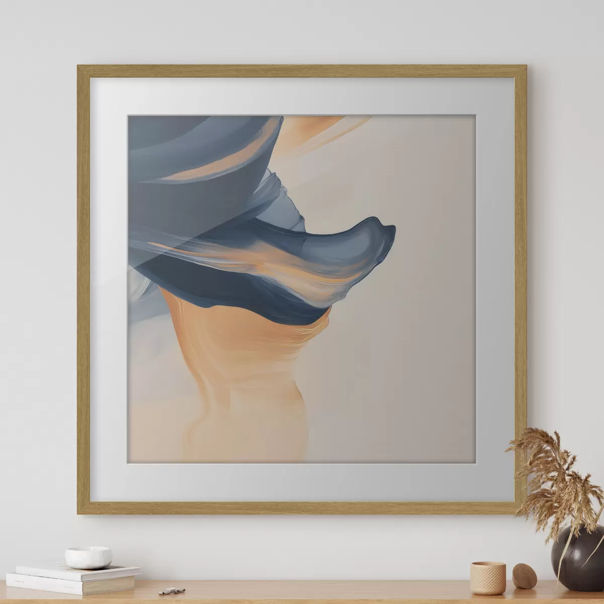 Poster Komposition mit tiefblauen und warmen Pfirsichfarben in einem zeitgenössischen Malstil f48883