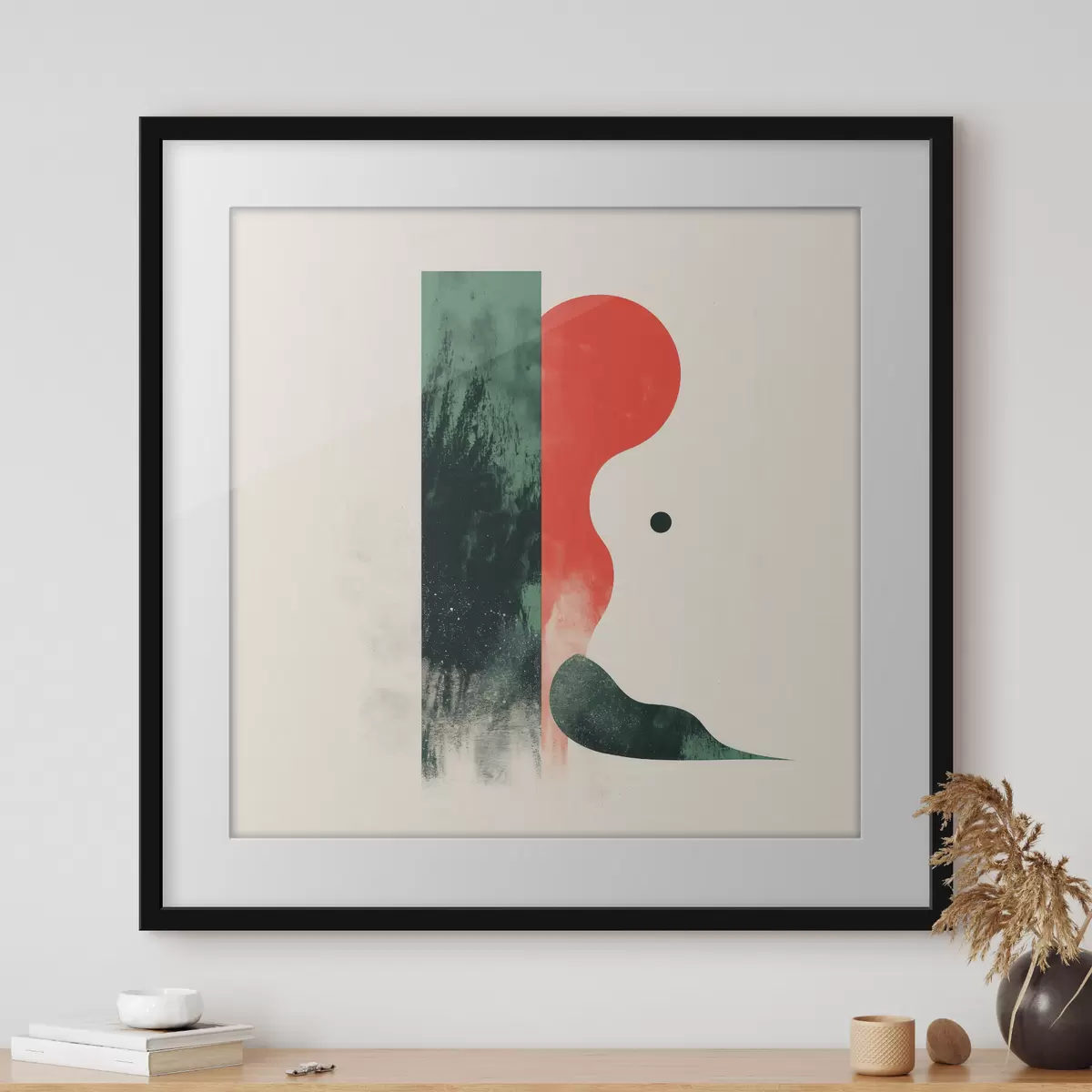 Poster Moderne geometrische Komposition mit roten und grünen abstrakten Formen f48888