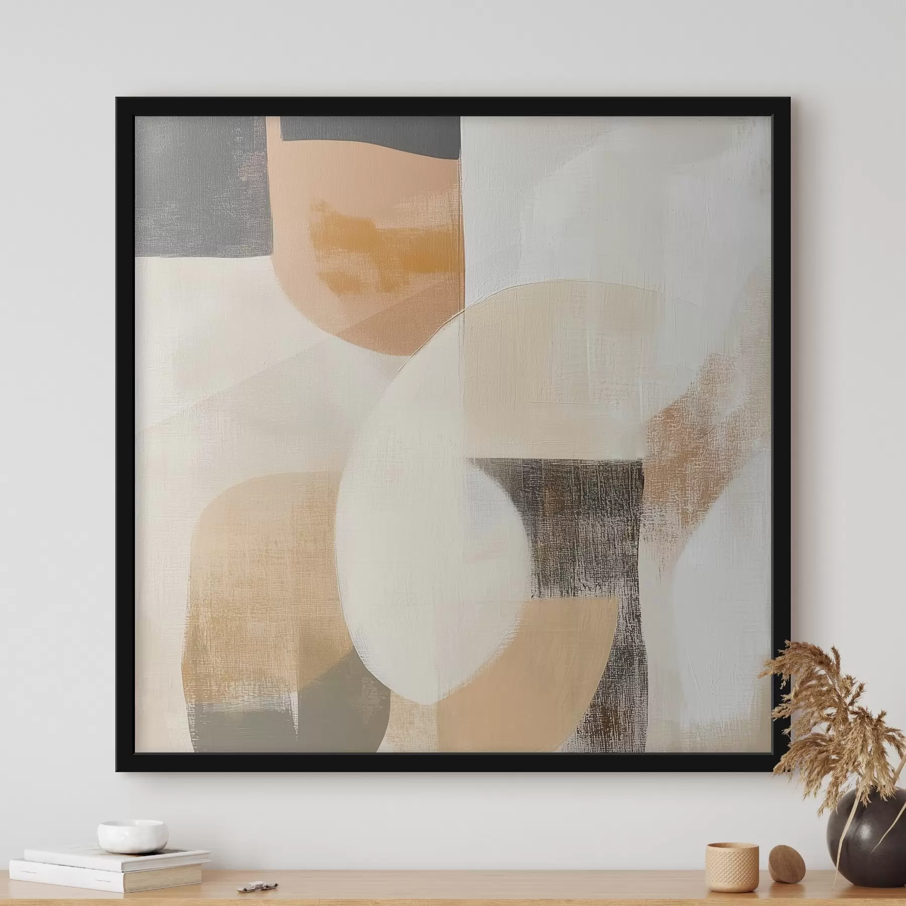 Fototapete Poster mit zeitgenössischer Kunst, das einfache geometrische Formen in warmen Farbtönen zeigt f48894