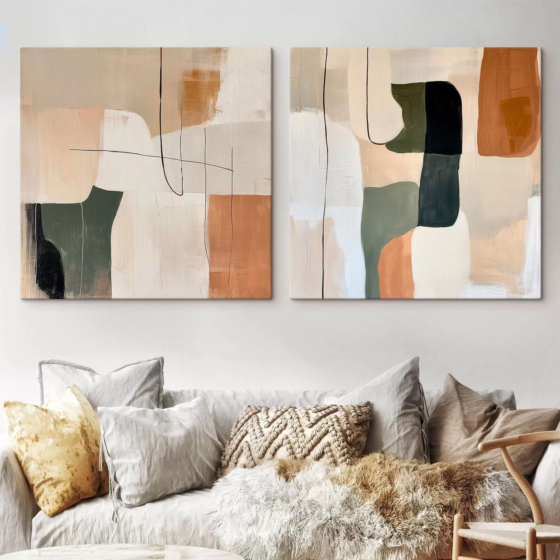 Fototapete Abstraktes geometrisches Diptychon in einer warmen Beige-Terrakotta-Farbpalette mit olivfarbenen Akzenten m30371