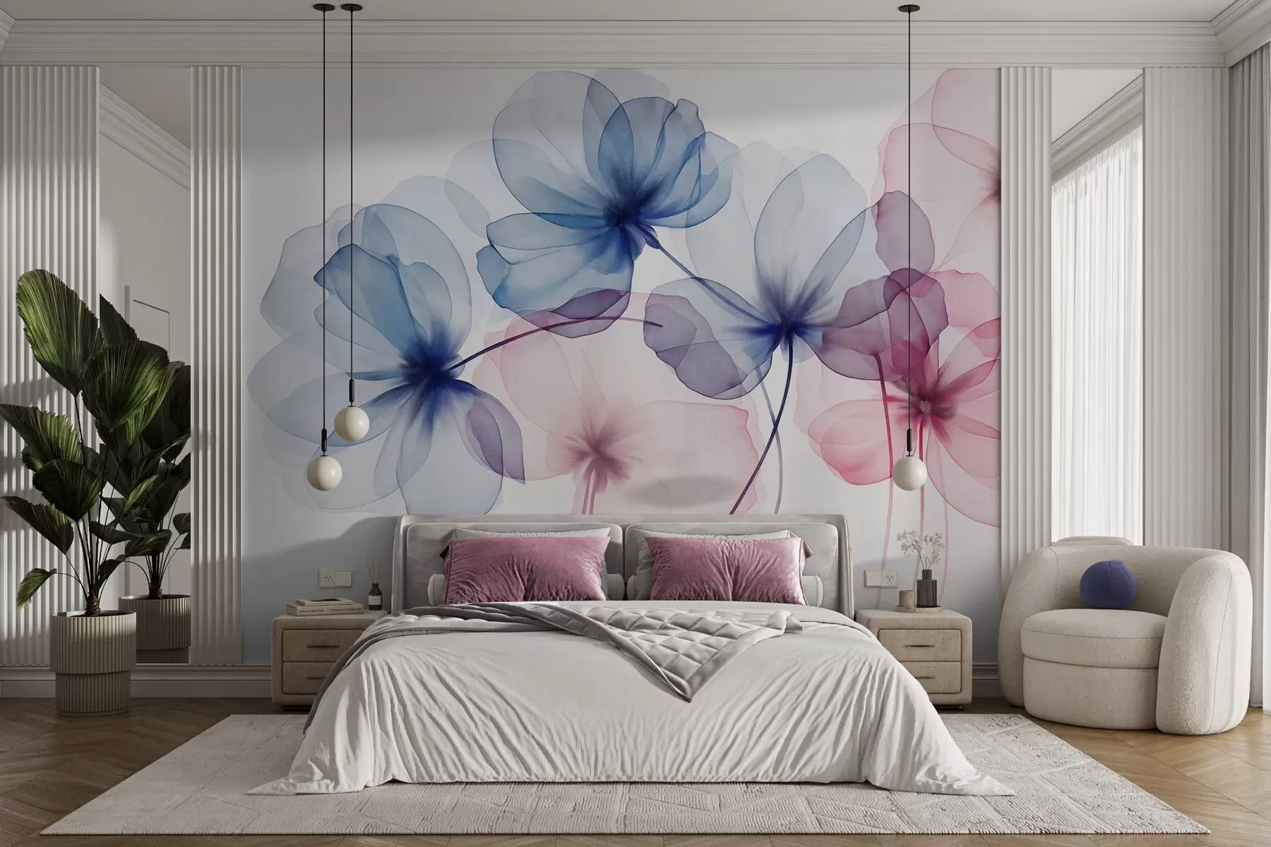 Fototapete Durchscheinende, strukturierte blaue und rosa Blumen auf hellem Hintergrund, zarte, sich überlappende Blütenblätter w09892