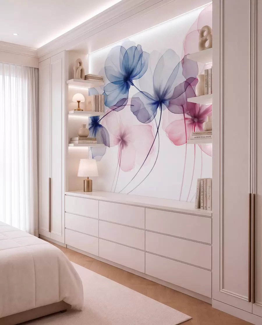 Fototapete Durchscheinende, strukturierte blaue und rosa Blumen auf hellem Hintergrund, zarte, sich überlappende Blütenblätter w09892