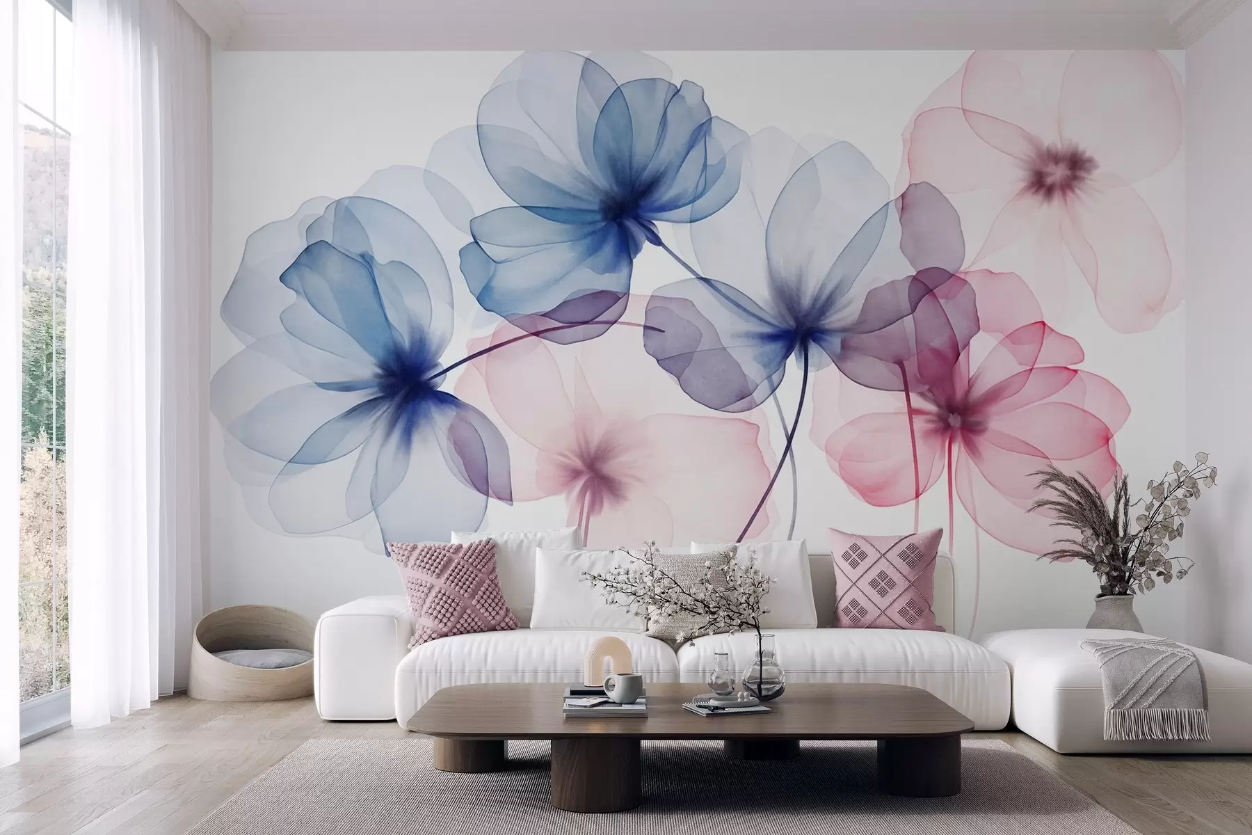 Fototapete Durchscheinende, strukturierte blaue und rosa Blumen auf hellem Hintergrund, zarte, sich überlappende Blütenblätter w09892