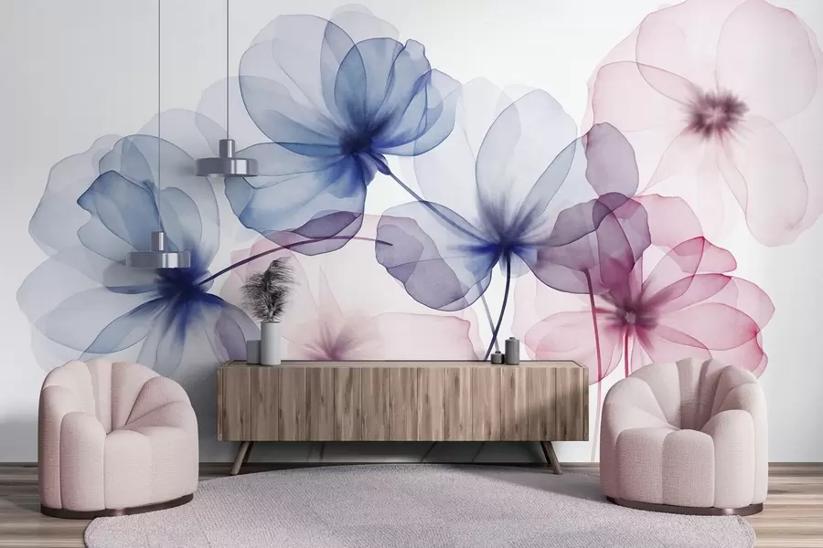 Fototapete Durchscheinende, strukturierte blaue und rosa Blumen auf hellem Hintergrund, zarte, sich überlappende Blütenblätter w09892