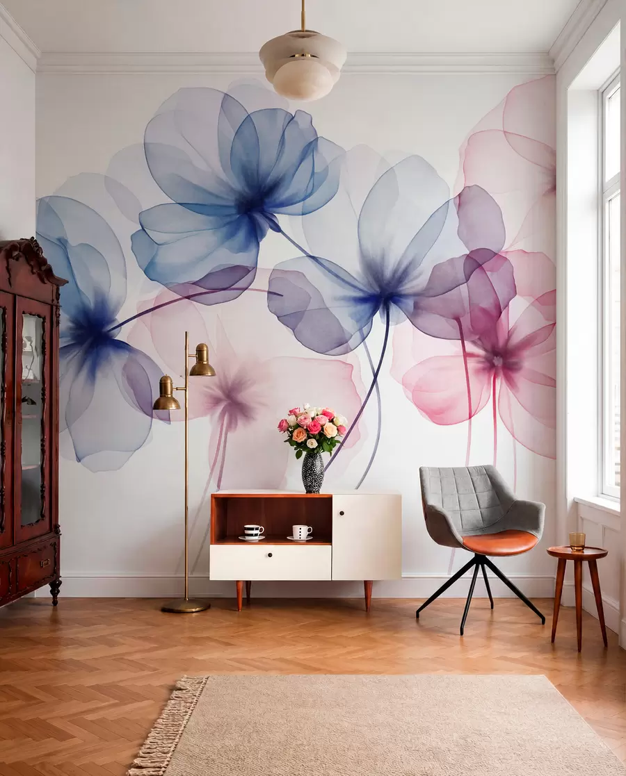 Fototapete Durchscheinende, strukturierte blaue und rosa Blumen auf hellem Hintergrund, zarte, sich überlappende Blütenblätter w09892